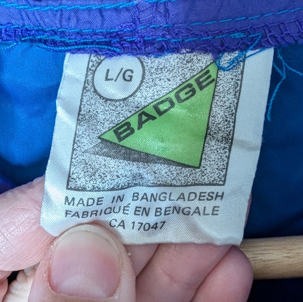 Vintage Badge Windbreaker, Neon Green, Blue, & Purple Hooded Half- Zip, Size L - Picture 8 of 14